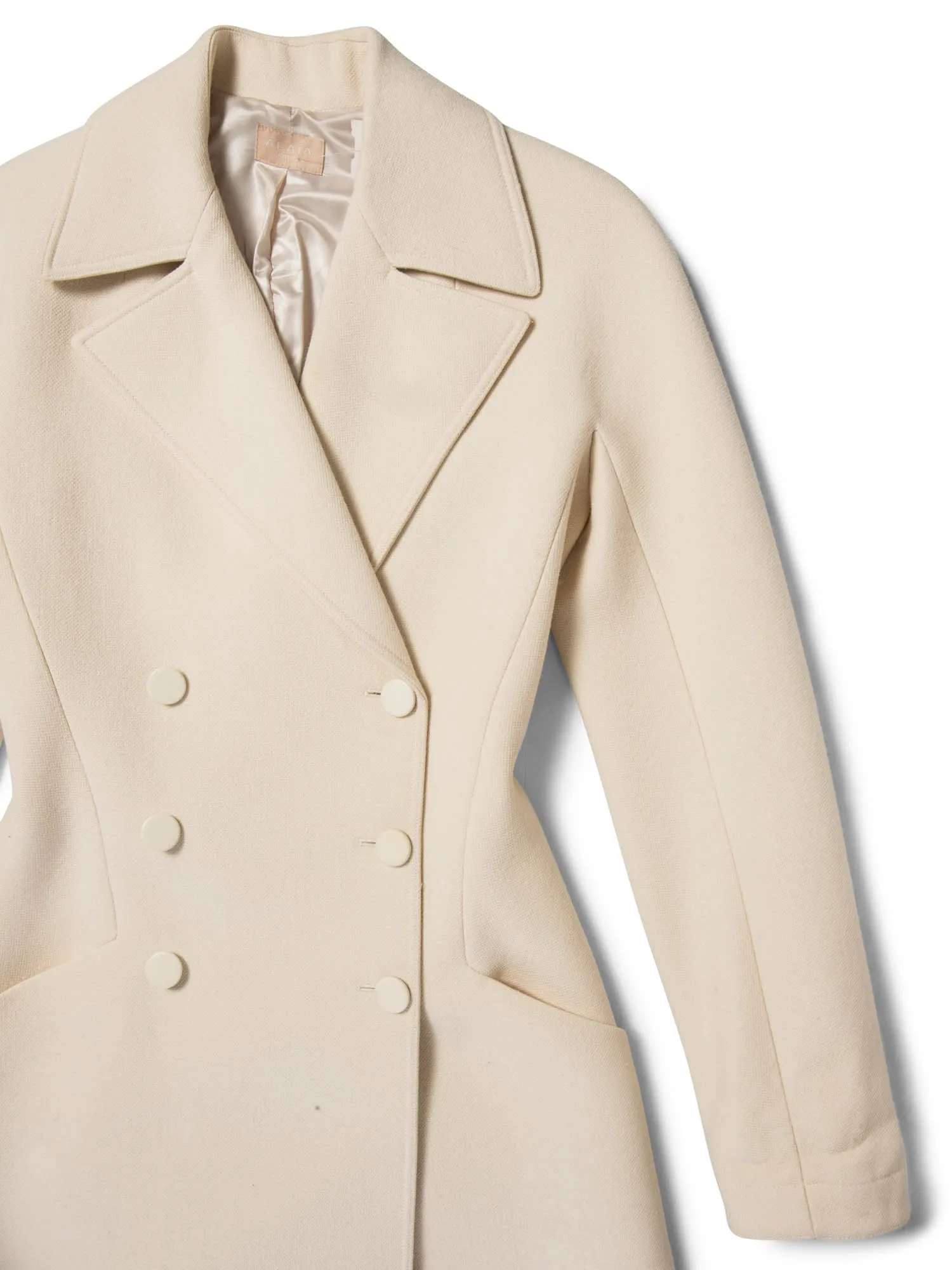 Alaia Wool A Line Double Breasted Midi Long Jacket Coat Ivory