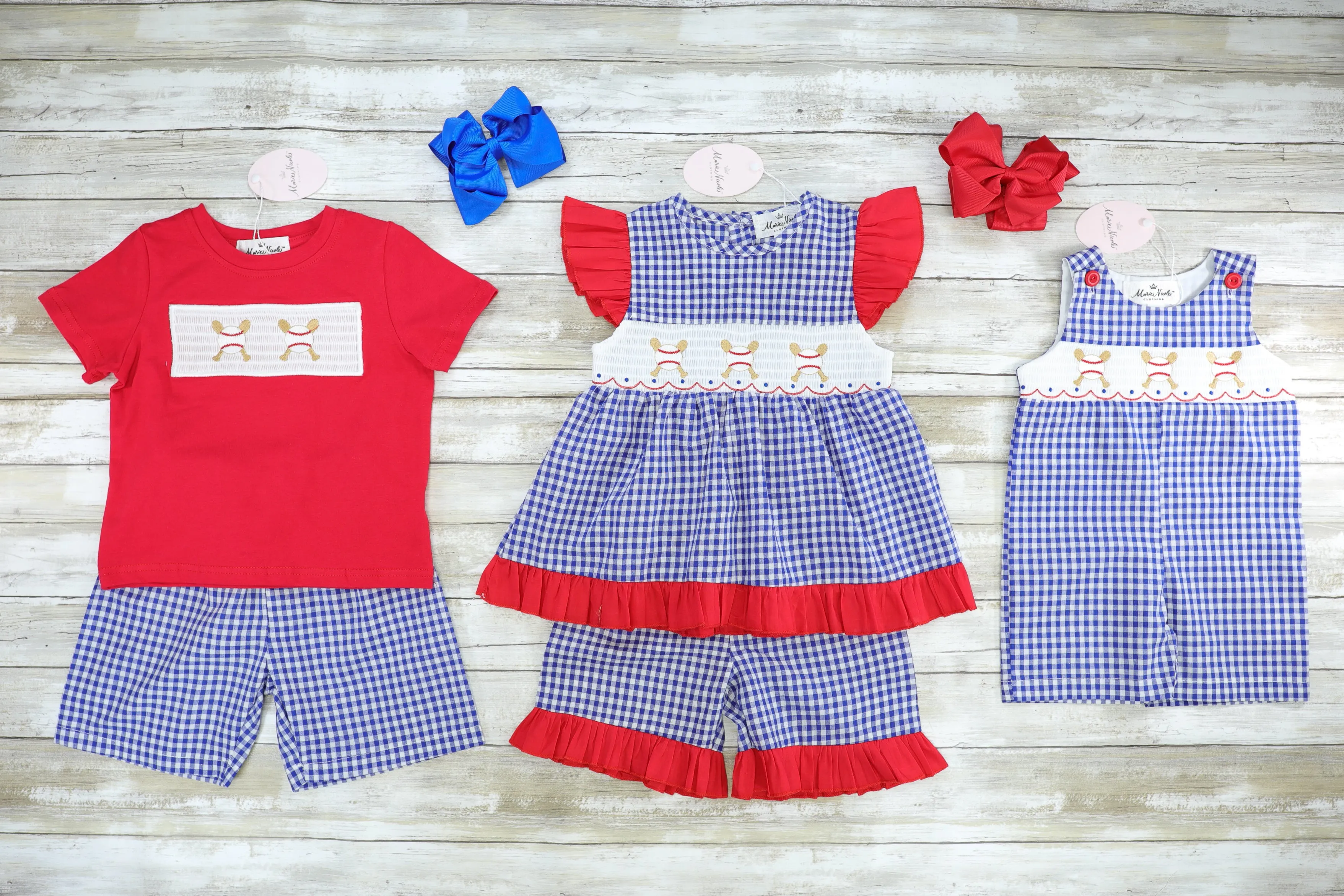 Baseball Blue Check Smocked Outfit