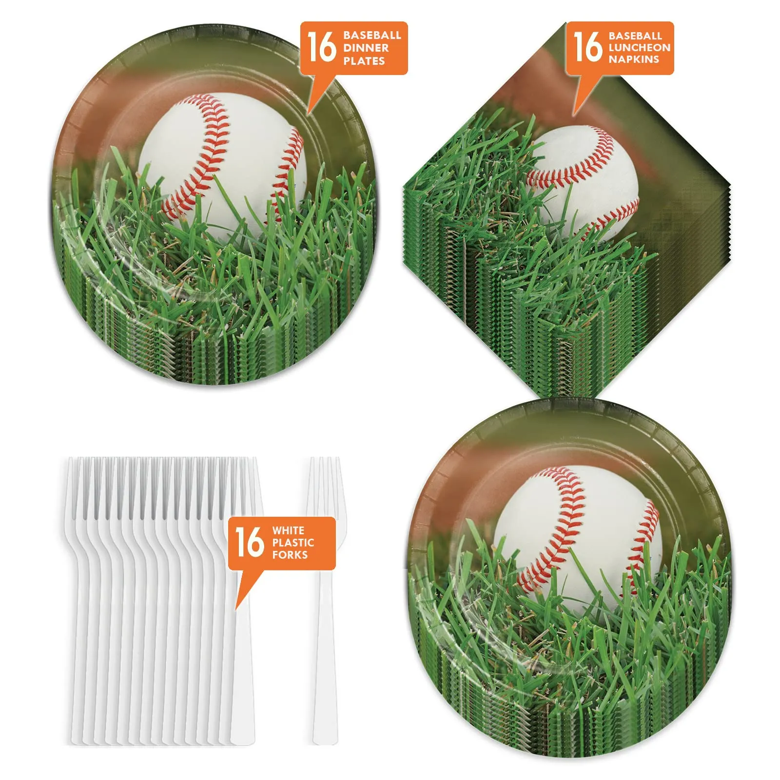 Baseball Party Supplies - Dinner Plates, Luncheon Napkins, and Forks (Serves 16)