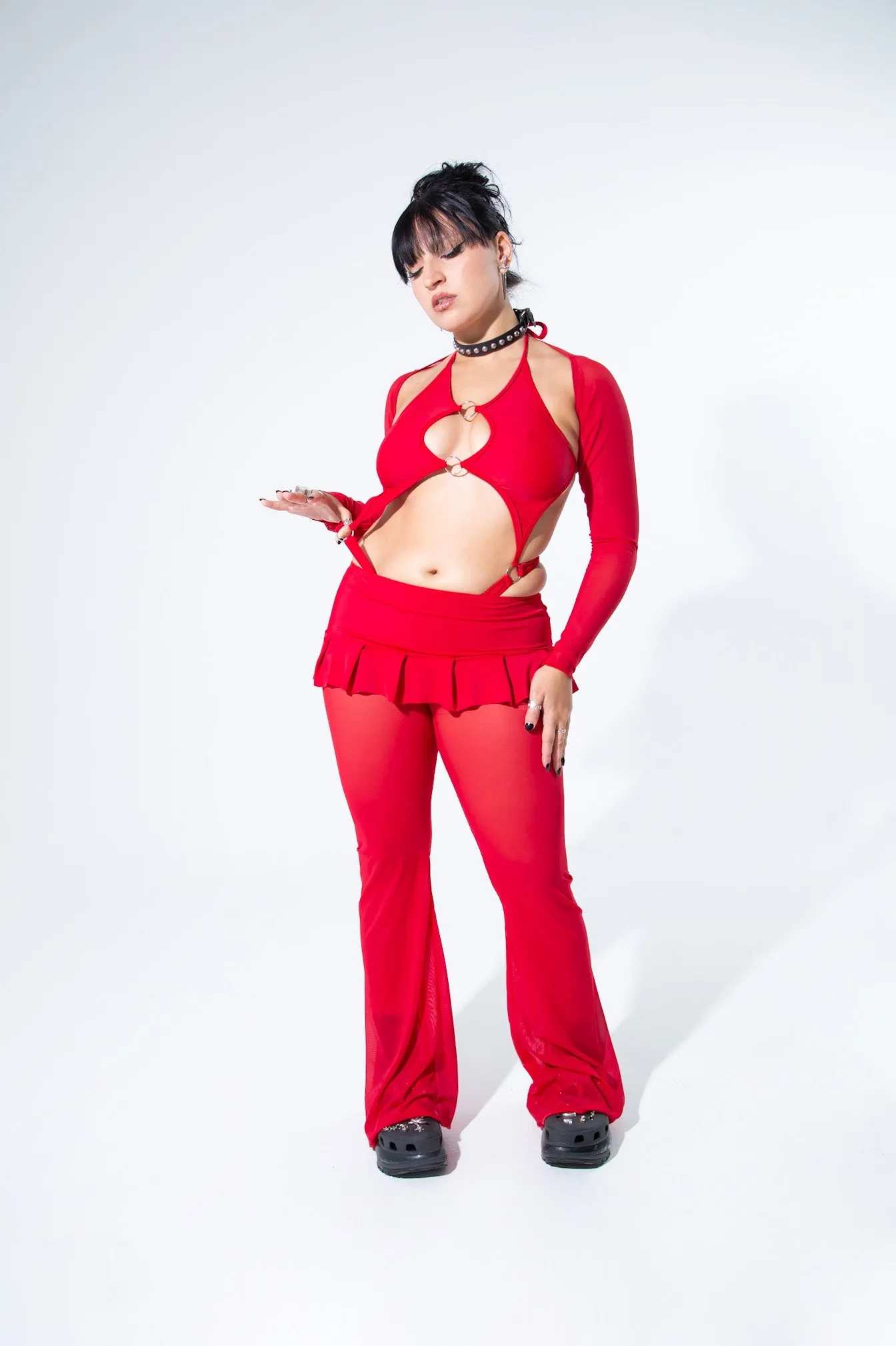 Blood Red Mesh Bell Bottom Pants