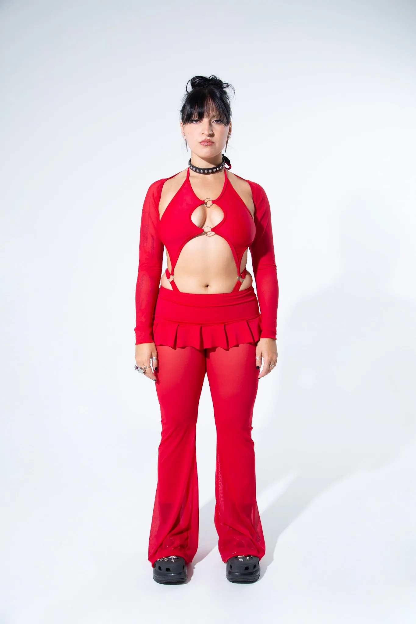 Blood Red Mesh Bell Bottom Pants