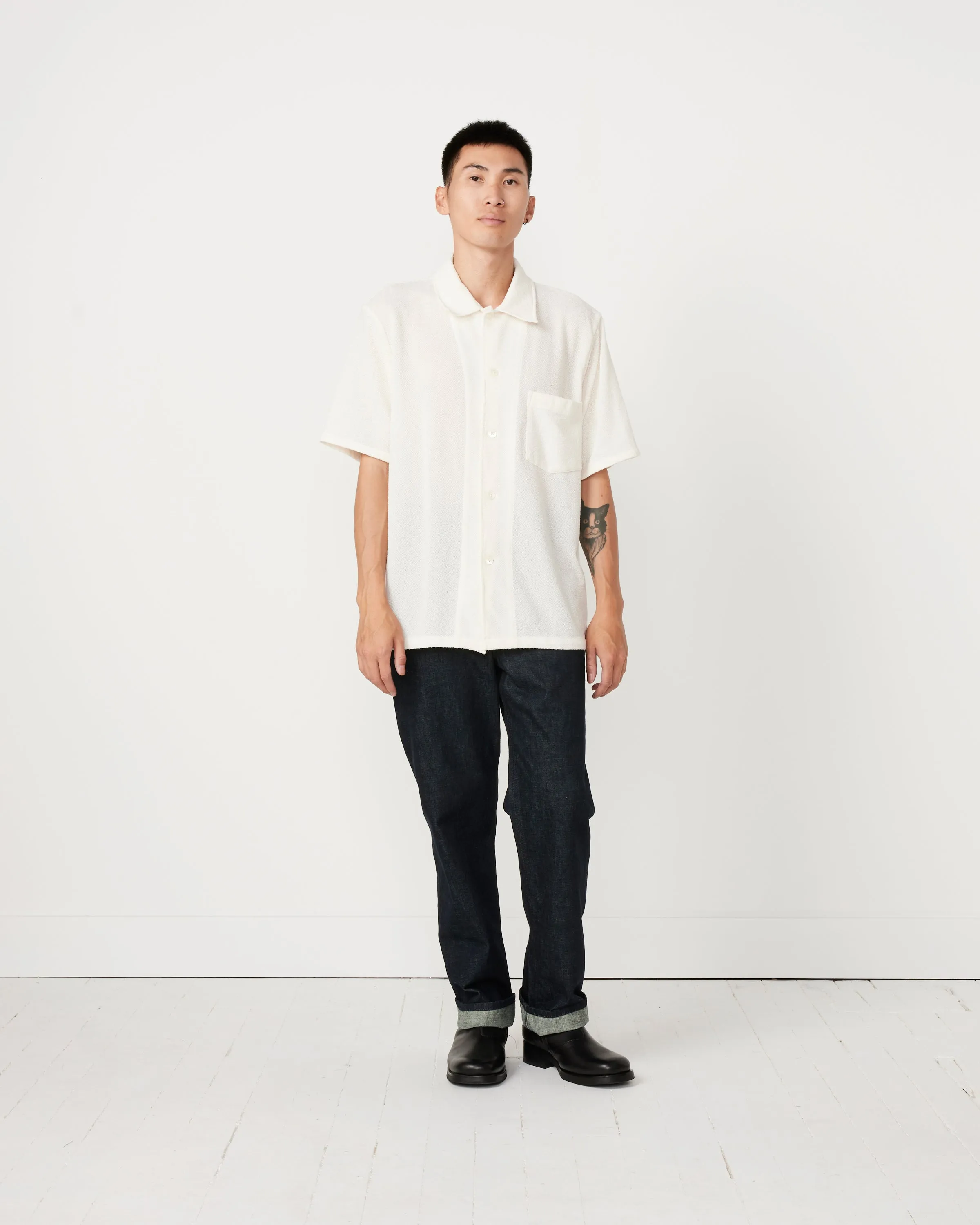 Box Short Sleeve Shirt in White Boucle