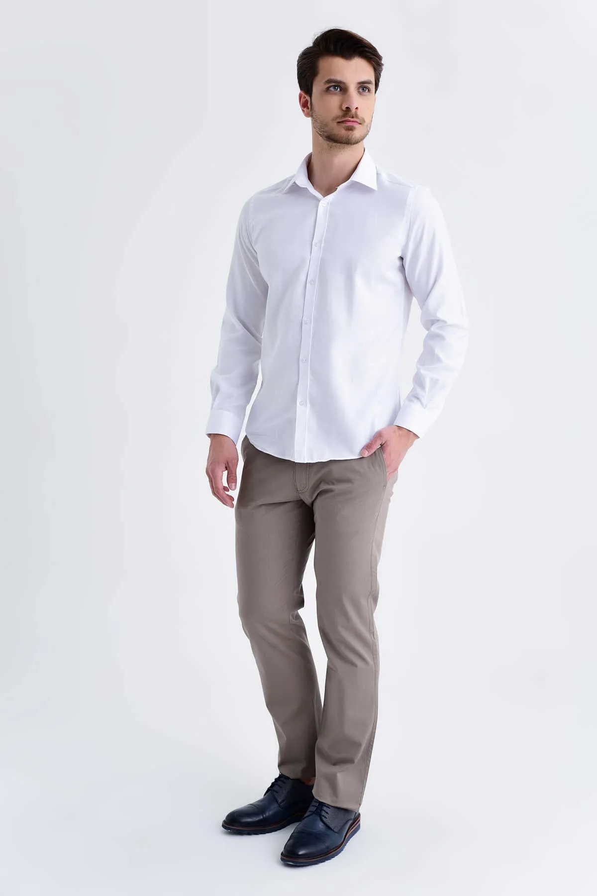 Classic Fit Plain Cotton Blend White Dress Shirt