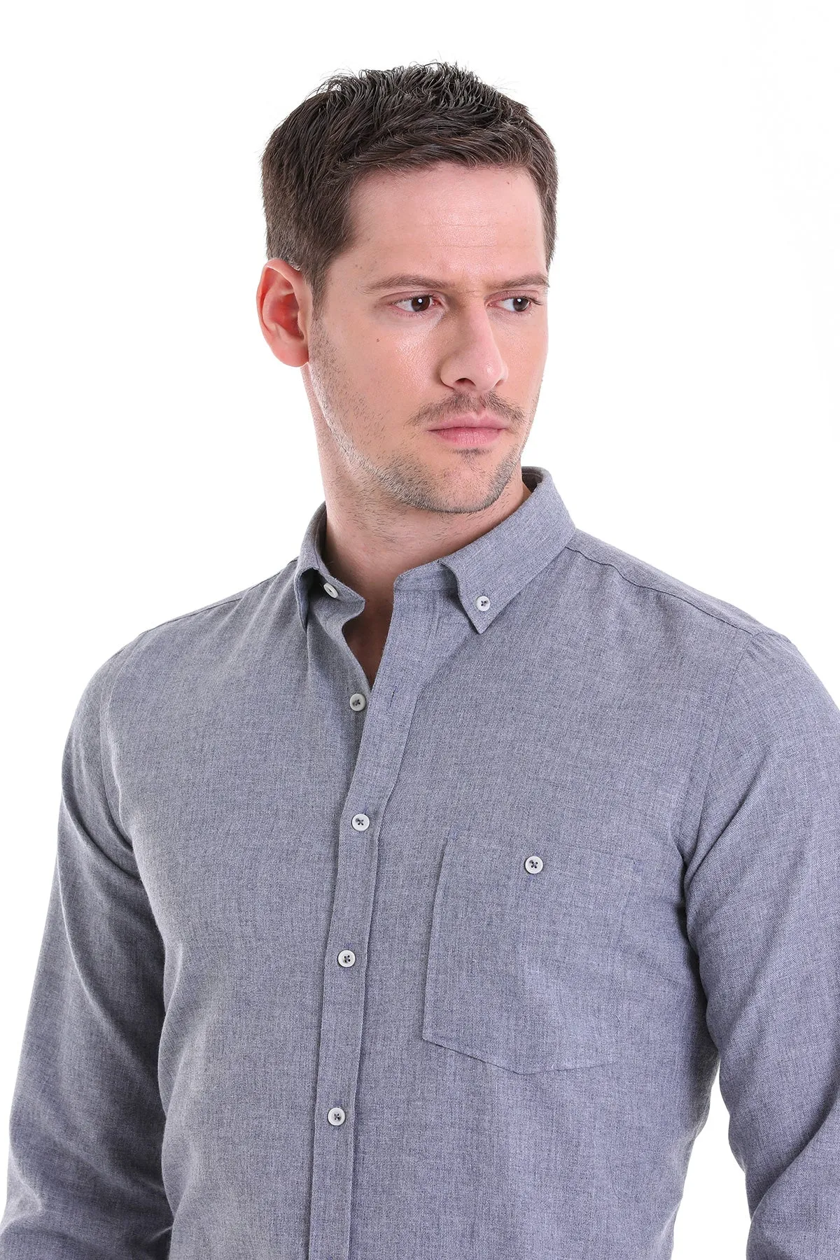 Comfort Fit Button-Down Cotton Blend Gray Casual Shirt