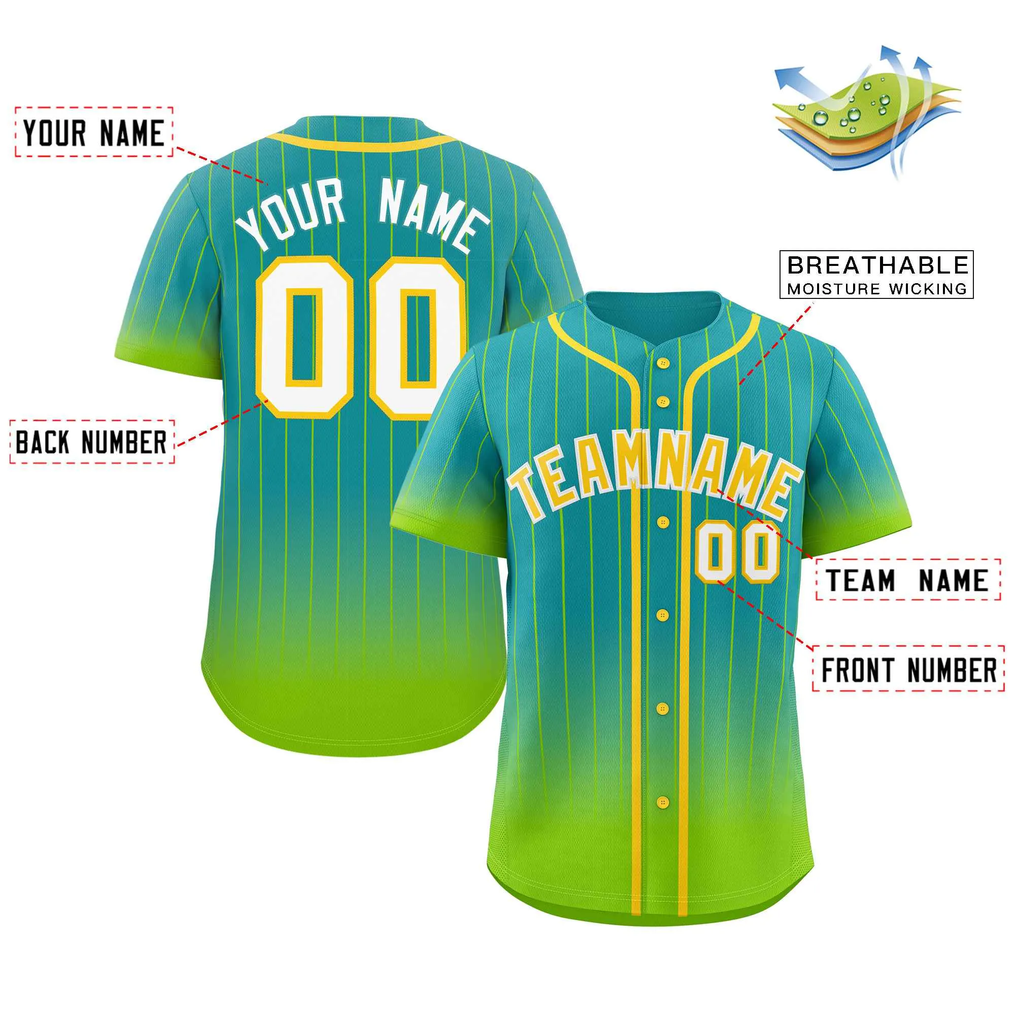 Custom Aqua Neon Green-Gold Gradient Stripe Fashion Authentic Baseball Jersey