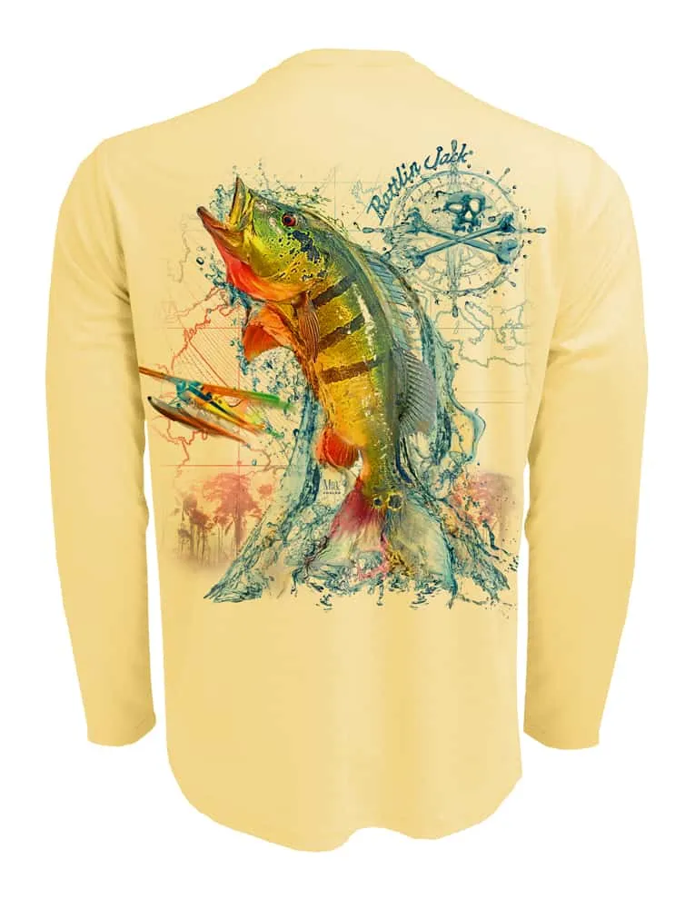 Men's Peacock Bass Fishing Shirt | UPF 50 by Rattlin Jack | Long Sleeve | UV Sun Protection | Performance Polyester Rash Guard |