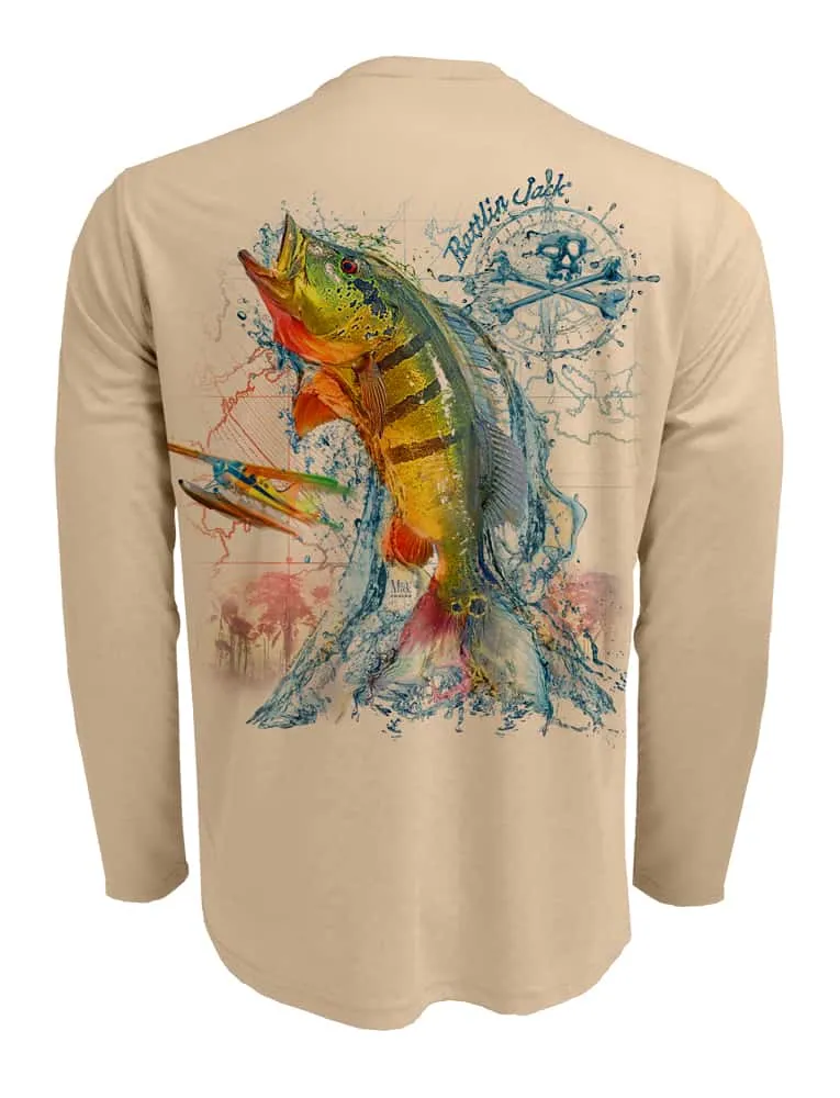 Men's Peacock Bass Fishing Shirt | UPF 50 by Rattlin Jack | Long Sleeve | UV Sun Protection | Performance Polyester Rash Guard |