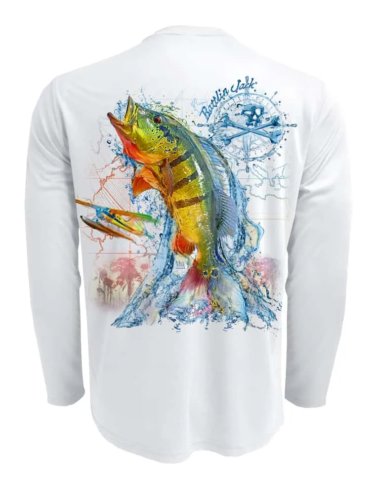 Men's Peacock Bass Fishing Shirt | UPF 50 by Rattlin Jack | Long Sleeve | UV Sun Protection | Performance Polyester Rash Guard |